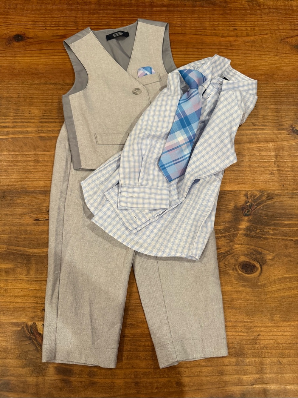 Nautica Boys Light Gray Dress Vest, Pants & Blue Plaid Shirt with Blue Tie